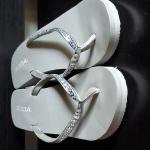 Soda Silver Rhinestone Like Accent Wedge Heel Sandals Size 10 NWOT